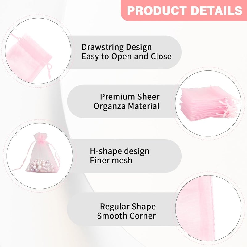 BOEIAC Organza Bags - 50Pcs Pink Sheer 4 x 6 Inch Jewelry Gift Pouches With Drawstring - Party Favor Mesh Mini Candy Bags for Wedding Valentine's Day - Image 4